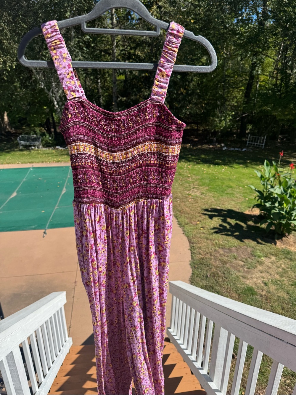Smocked Floral Jumpsuit in Purple Pink